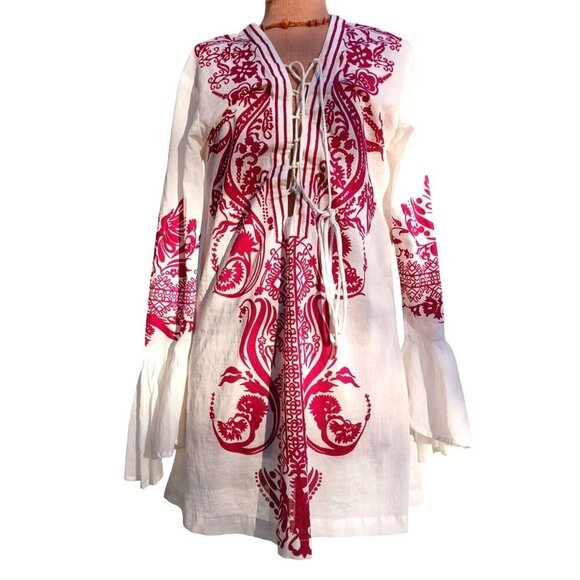 Steve Madden Retro Red Print Hippie Boho Lace Up Tunic Mini Dress Size M - Picture 2 of 10